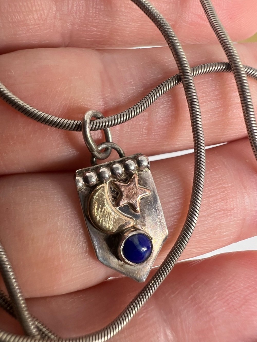 Sterling Moon & Star Pendant Necklace with Blue Stone